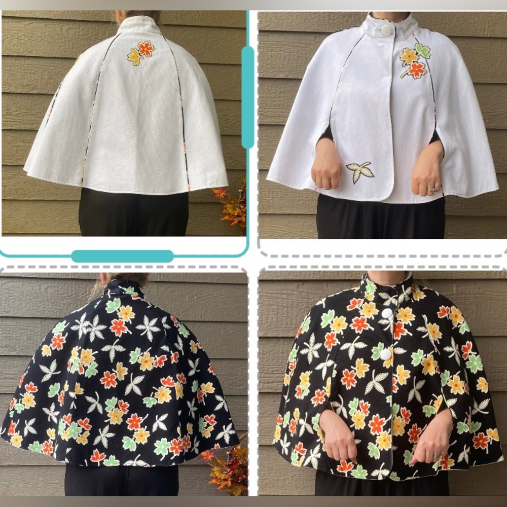 Poncho Cape arm holes reversible women's handmade cotton leaf print solid cotton